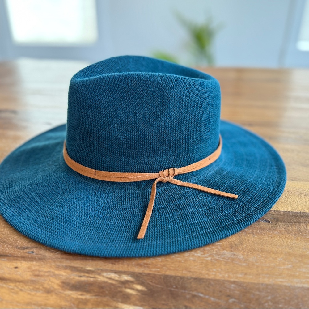 Teal Wide-Brimmed Hat with Tan Band